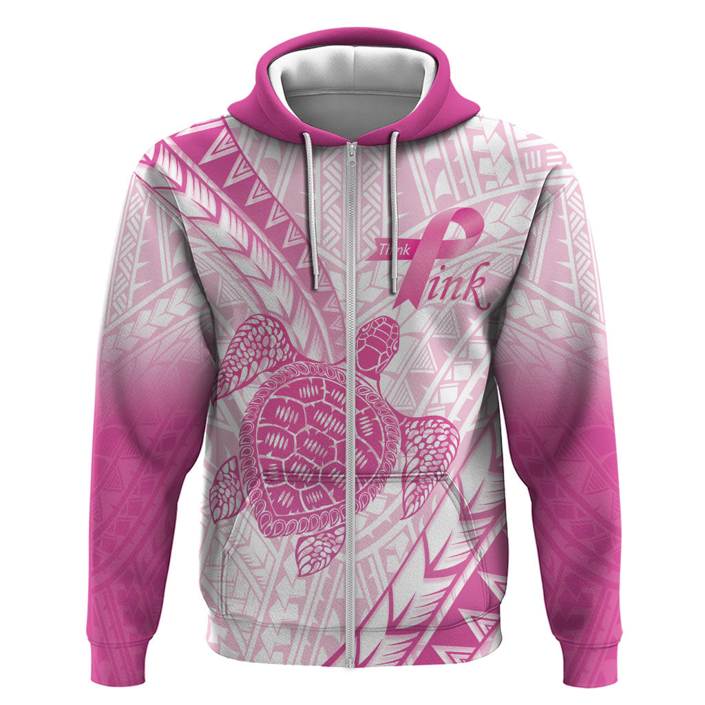 Breast Cancer Awareness Personalised Zip Hoodie Pink Ribbon Turtle Polynesian Pattern White
