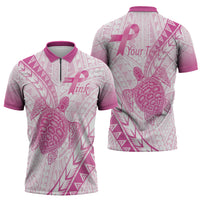 Breast Cancer Awareness Personalised Zipper Polo Shirt Pink Ribbon Turtle Polynesian Pattern White