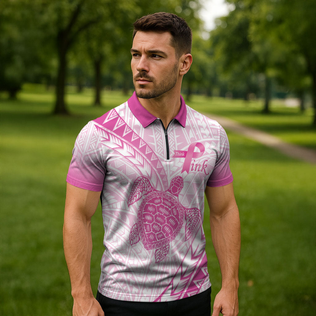 Breast Cancer Awareness Personalised Zipper Polo Shirt Pink Ribbon Turtle Polynesian Pattern White