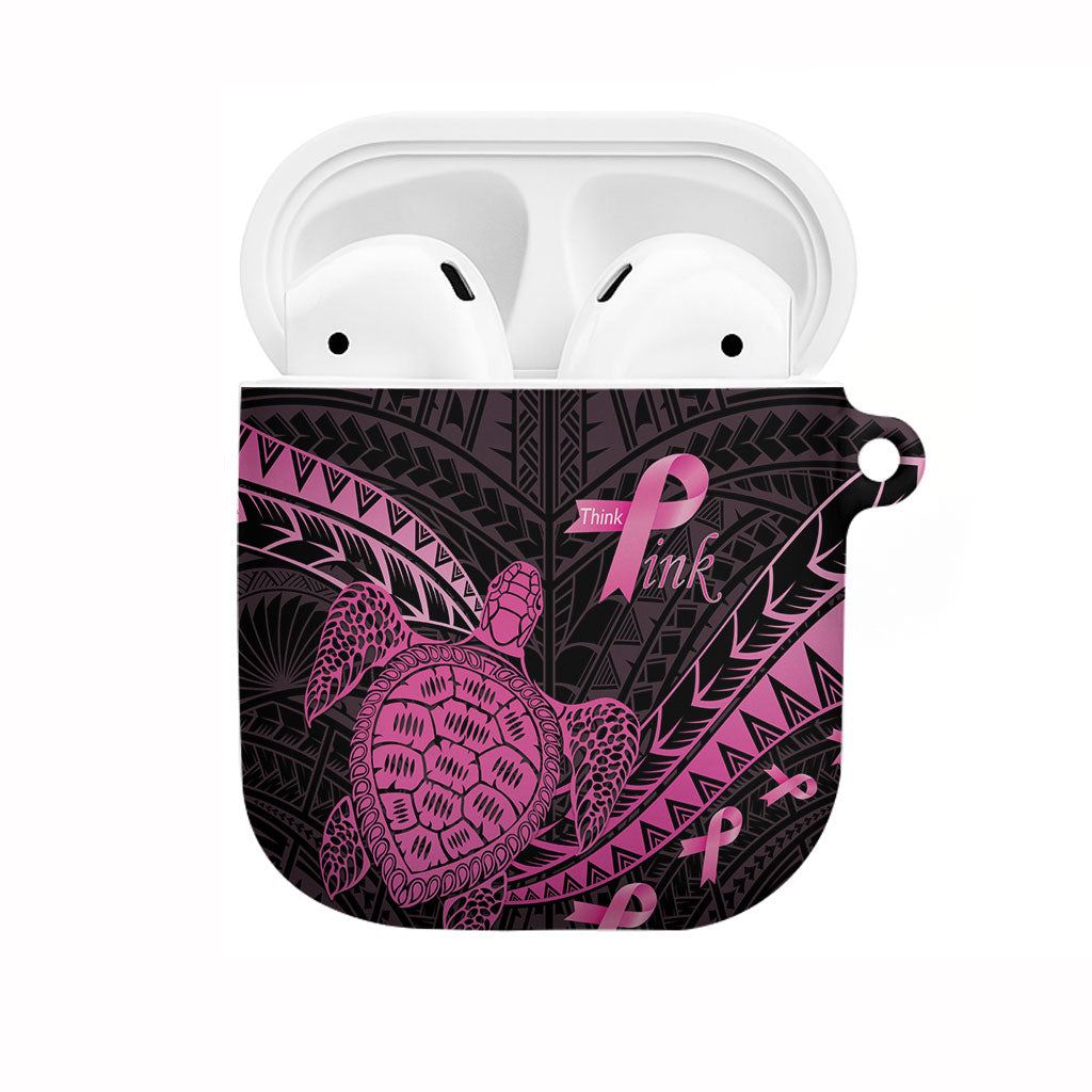 Breast Cancer Awareness AirPods Case Pink Ribbon Turtle Polynesian Pattern Black