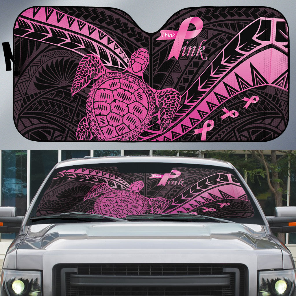 Breast Cancer Awareness Auto Sun Shade Pink Ribbon Turtle Polynesian Pattern Black