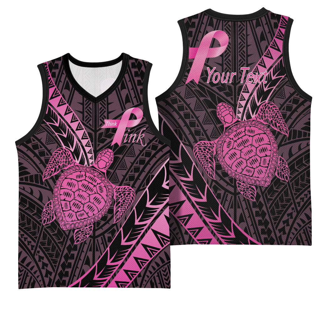 Breast Cancer Awareness Personalised Basketball Jersey Pink Ribbon Turtle Polynesian Pattern Black