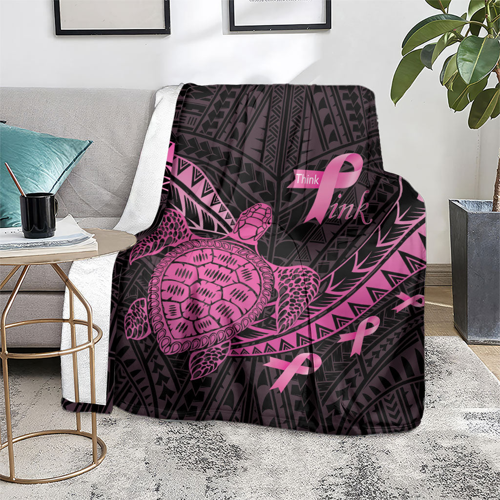 Breast Cancer Awareness Blanket Pink Ribbon Turtle Polynesian Pattern Black