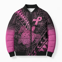Breast Cancer Awareness Personalised Bomber Puffer Jacket Pink Ribbon Turtle Polynesian Pattern Black