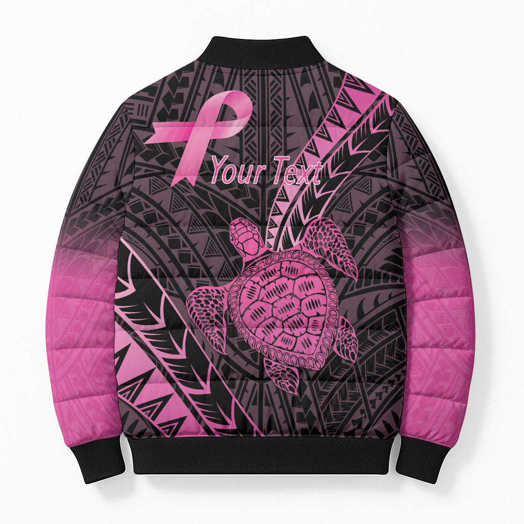 Breast Cancer Awareness Personalised Bomber Puffer Jacket Pink Ribbon Turtle Polynesian Pattern Black