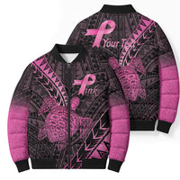 Breast Cancer Awareness Personalised Bomber Puffer Jacket Pink Ribbon Turtle Polynesian Pattern Black