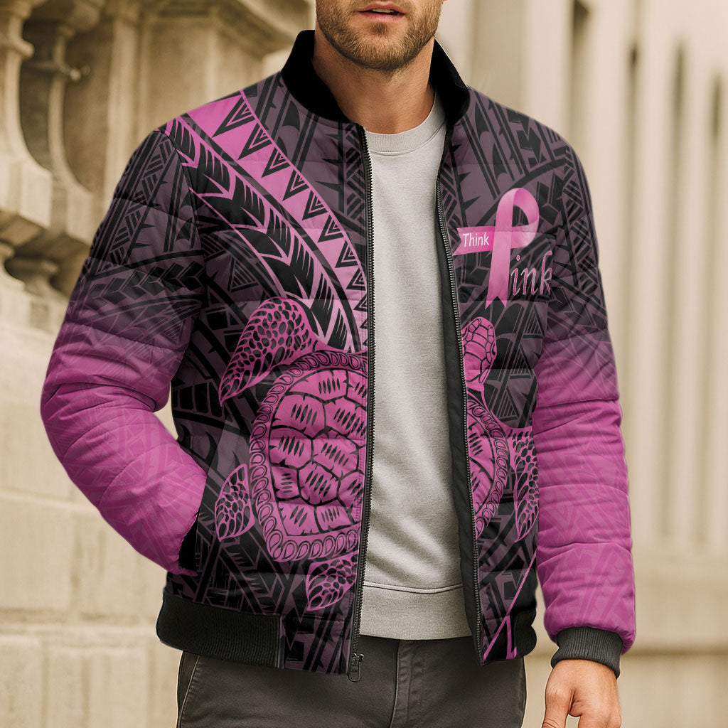 Breast Cancer Awareness Personalised Bomber Puffer Jacket Pink Ribbon Turtle Polynesian Pattern Black