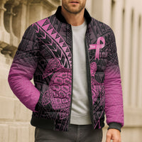 Breast Cancer Awareness Personalised Bomber Puffer Jacket Pink Ribbon Turtle Polynesian Pattern Black
