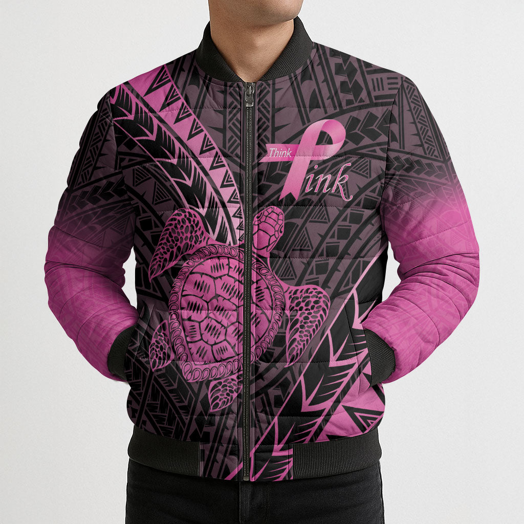 Breast Cancer Awareness Personalised Bomber Puffer Jacket Pink Ribbon Turtle Polynesian Pattern Black