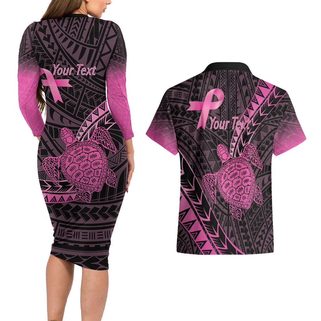 Breast Cancer Awareness Personalised Couples Matching Long Sleeve Bodycon Dress and Hawaiian Shirt Pink Ribbon Turtle Polynesian Pattern Black