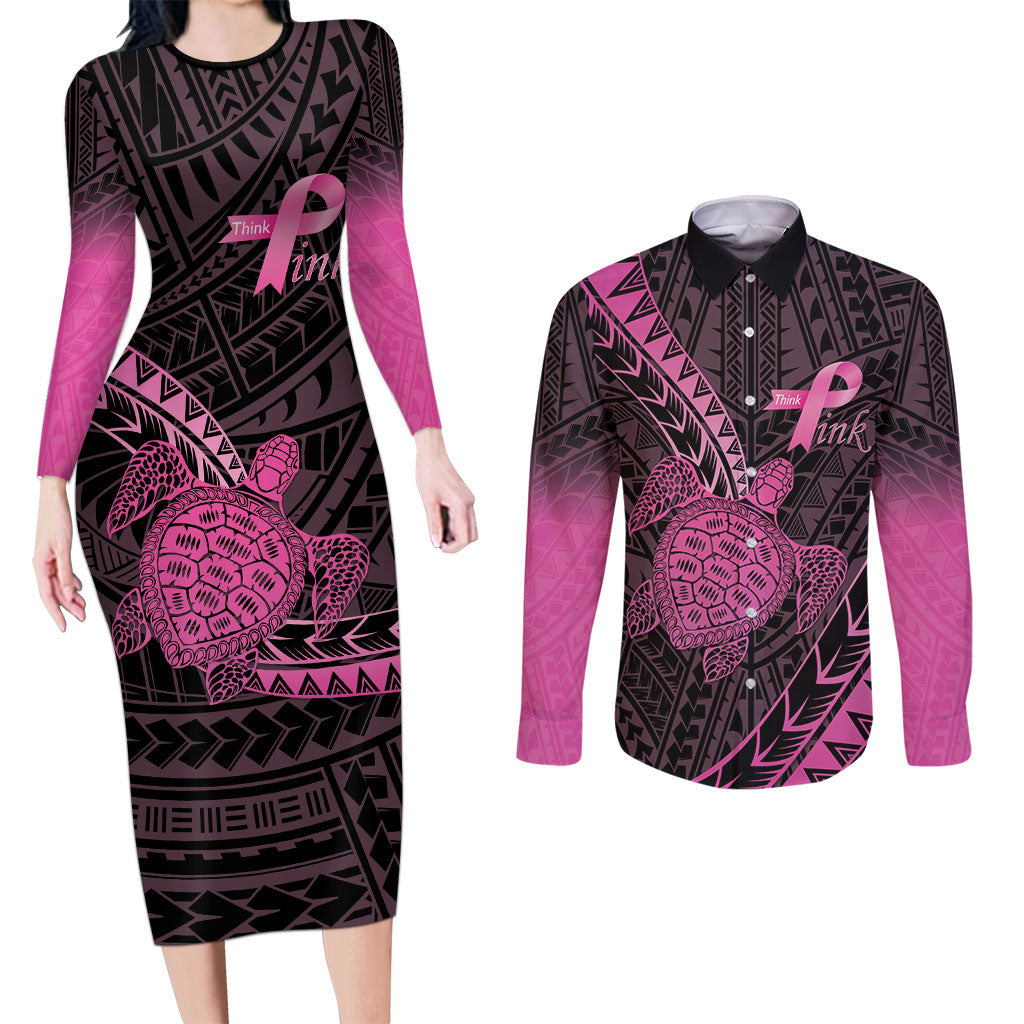 Breast Cancer Awareness Personalised Couples Matching Long Sleeve Bodycon Dress and Long Sleeve Button Shirt Pink Ribbon Turtle Polynesian Pattern Black