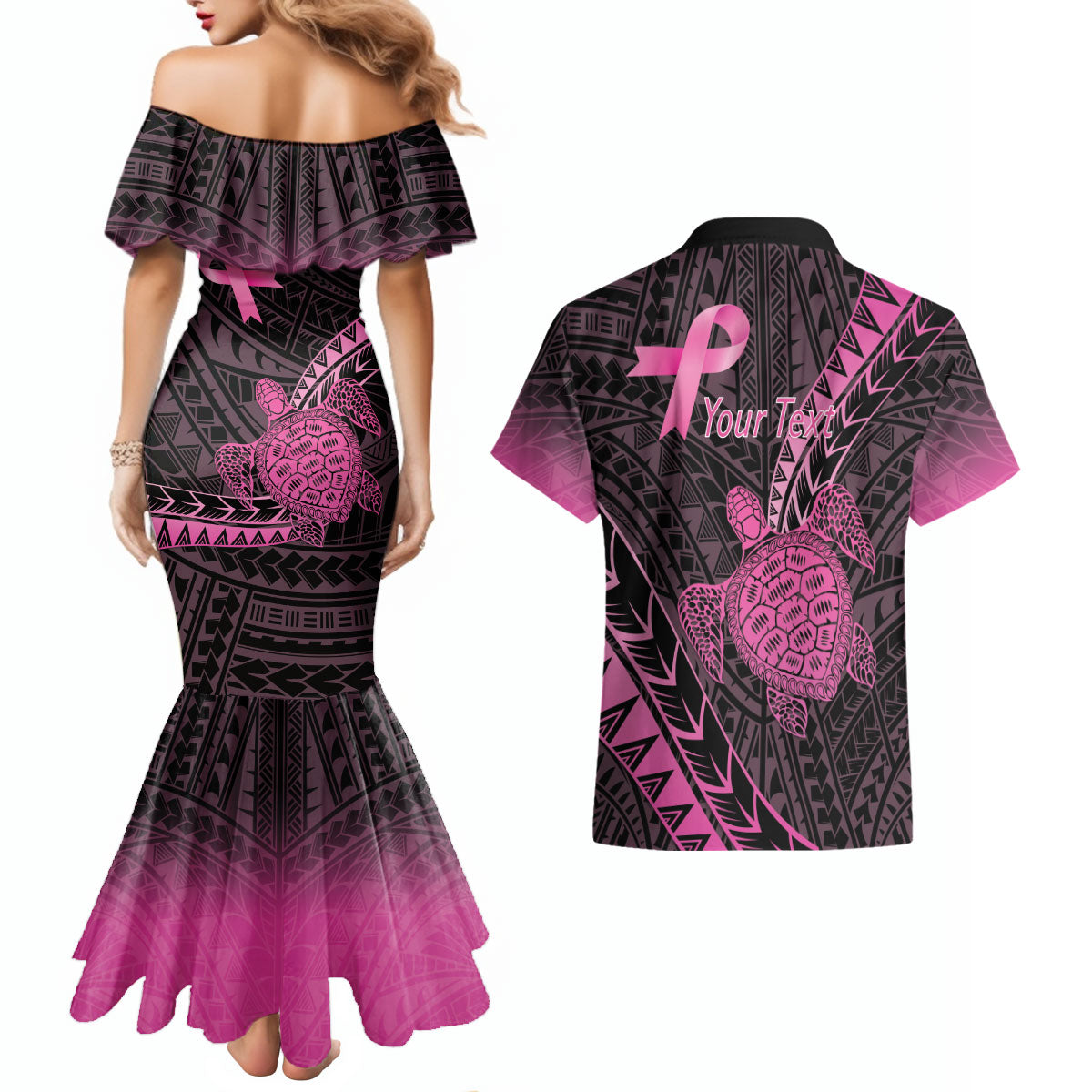 Breast Cancer Awareness Personalised Couples Matching Mermaid Dress and Hawaiian Shirt Pink Ribbon Turtle Polynesian Pattern Black
