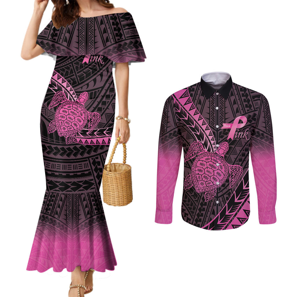 Breast Cancer Awareness Personalised Couples Matching Mermaid Dress and Long Sleeve Button Shirt Pink Ribbon Turtle Polynesian Pattern Black