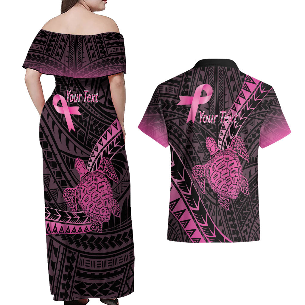 Breast Cancer Awareness Personalised Couples Matching Off Shoulder Maxi Dress and Hawaiian Shirt Pink Ribbon Turtle Polynesian Pattern Black
