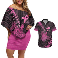 Breast Cancer Awareness Personalised Couples Matching Off Shoulder Short Dress and Hawaiian Shirt Pink Ribbon Turtle Polynesian Pattern Black
