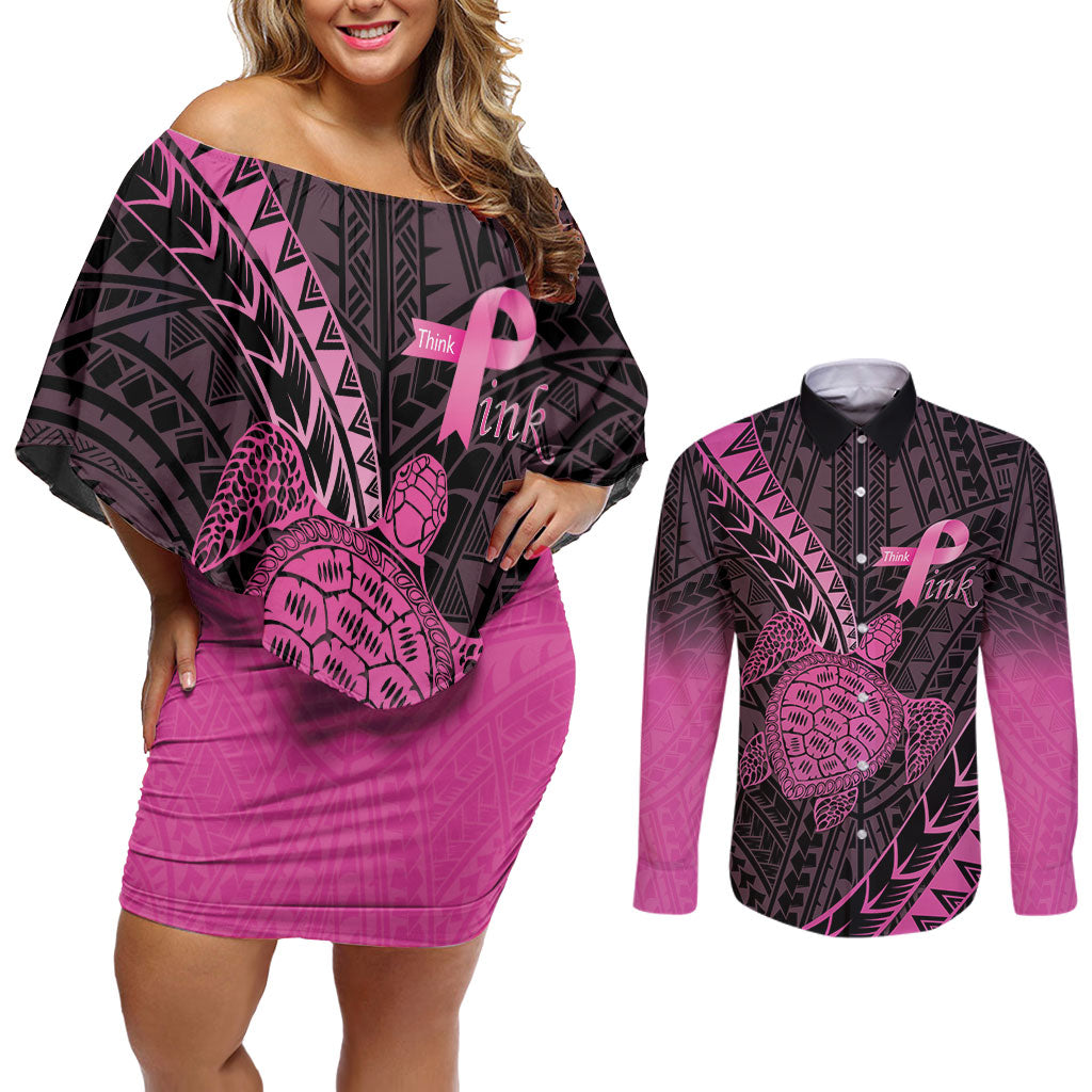 Breast Cancer Awareness Personalised Couples Matching Off Shoulder Short Dress and Long Sleeve Button Shirt Pink Ribbon Turtle Polynesian Pattern Black LT22 Pink - Polynesian Pride