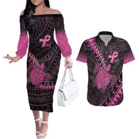 Breast Cancer Awareness Personalised Couples Matching Off The Shoulder Long Sleeve Dress and Hawaiian Shirt Pink Ribbon Turtle Polynesian Pattern Black