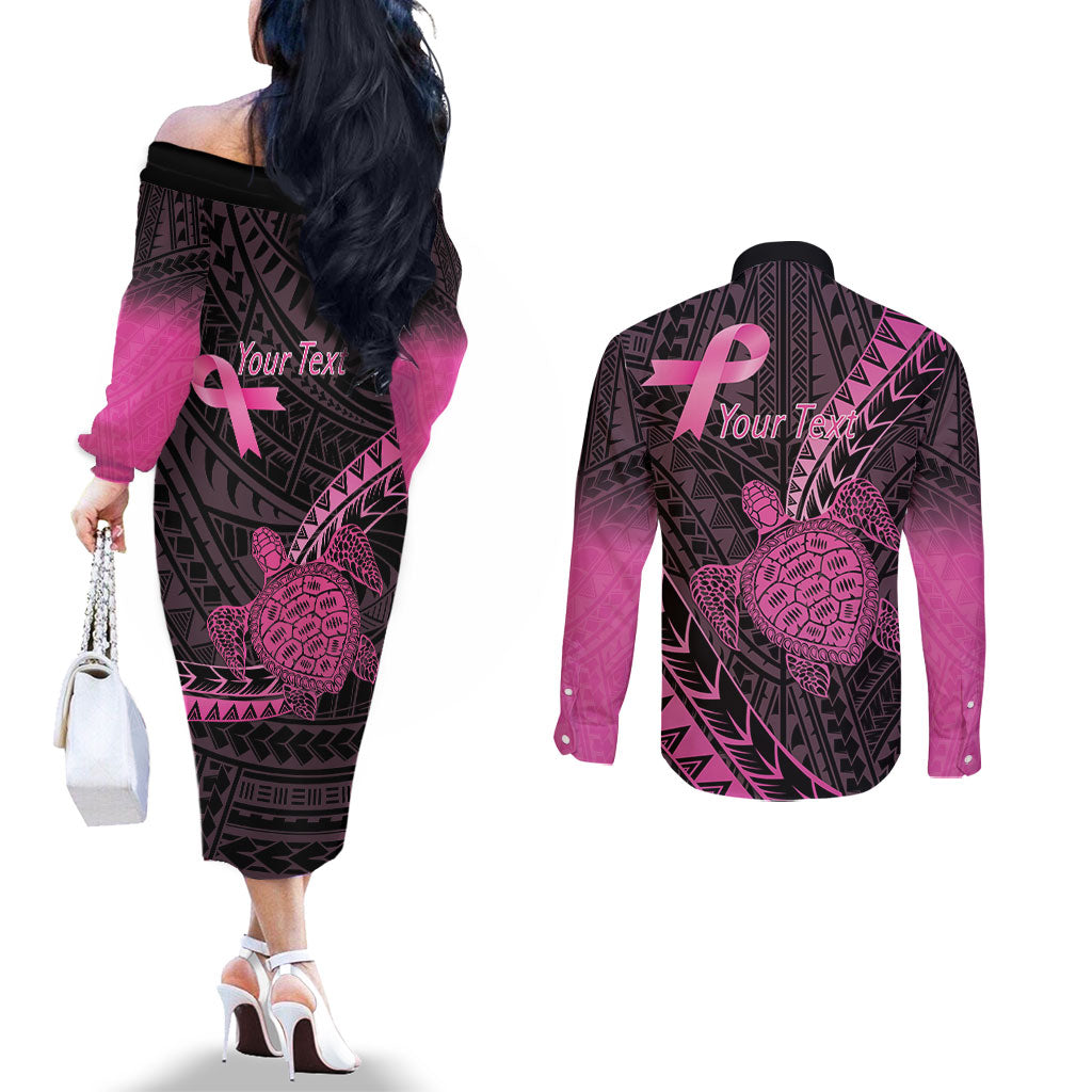 Breast Cancer Awareness Personalised Couples Matching Off The Shoulder Long Sleeve Dress and Long Sleeve Button Shirt Pink Ribbon Turtle Polynesian Pattern Black