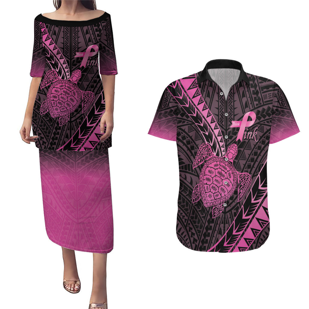 Breast Cancer Awareness Personalised Couples Matching Puletasi and Hawaiian Shirt Pink Ribbon Turtle Polynesian Pattern Black