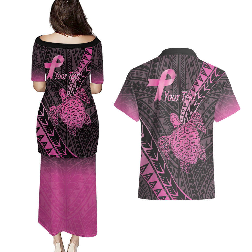 Breast Cancer Awareness Personalised Couples Matching Puletasi and Hawaiian Shirt Pink Ribbon Turtle Polynesian Pattern Black