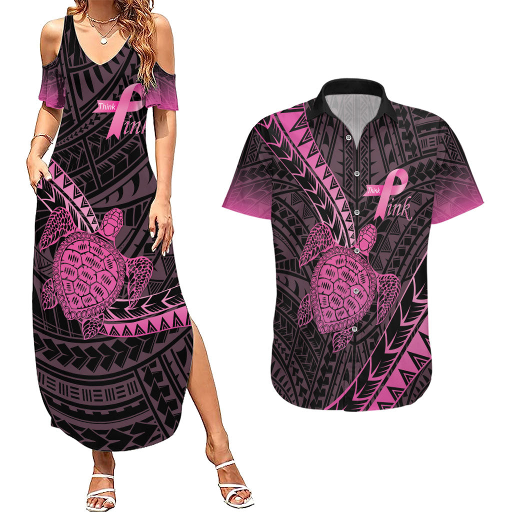Breast Cancer Awareness Personalised Couples Matching Summer Maxi Dress and Hawaiian Shirt Pink Ribbon Turtle Polynesian Pattern Black