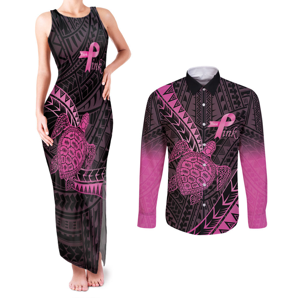 Breast Cancer Awareness Personalised Couples Matching Tank Maxi Dress and Long Sleeve Button Shirt Pink Ribbon Turtle Polynesian Pattern Black LT22 Pink - Polynesian Pride