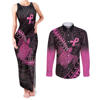 Breast Cancer Awareness Personalised Couples Matching Tank Maxi Dress and Long Sleeve Button Shirt Pink Ribbon Turtle Polynesian Pattern Black LT22 Pink - Polynesian Pride