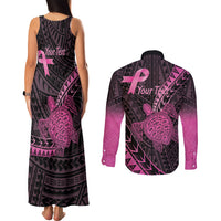 Breast Cancer Awareness Personalised Couples Matching Tank Maxi Dress and Long Sleeve Button Shirt Pink Ribbon Turtle Polynesian Pattern Black LT22 - Polynesian Pride