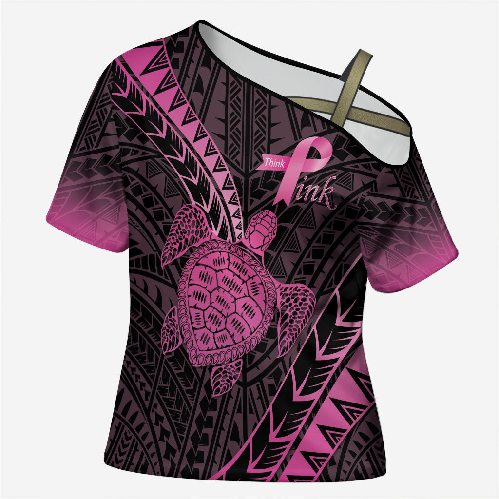 Breast Cancer Awareness Personalised Cross Shoulder Shirt Pink Ribbon Turtle Polynesian Pattern Black