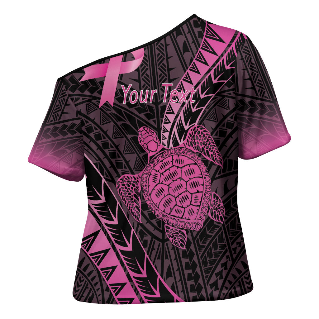 Breast Cancer Awareness Personalised Cross Shoulder Shirt Pink Ribbon Turtle Polynesian Pattern Black