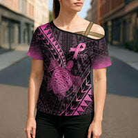 Breast Cancer Awareness Personalised Cross Shoulder Shirt Pink Ribbon Turtle Polynesian Pattern Black