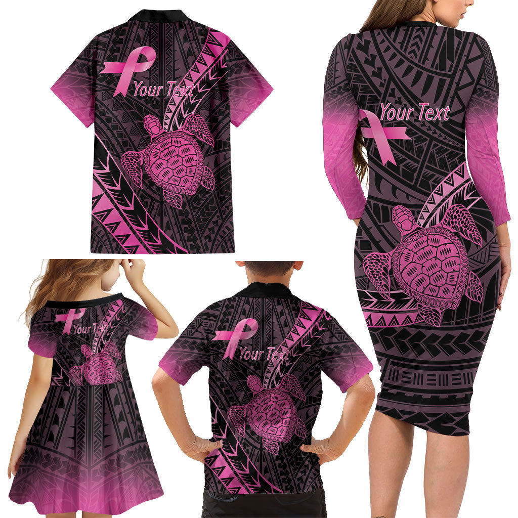 Breast Cancer Awareness Personalised Family Matching Long Sleeve Bodycon Dress and Hawaiian Shirt Pink Ribbon Turtle Polynesian Pattern Black