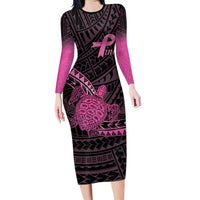 Breast Cancer Awareness Personalised Family Matching Long Sleeve Bodycon Dress and Hawaiian Shirt Pink Ribbon Turtle Polynesian Pattern Black