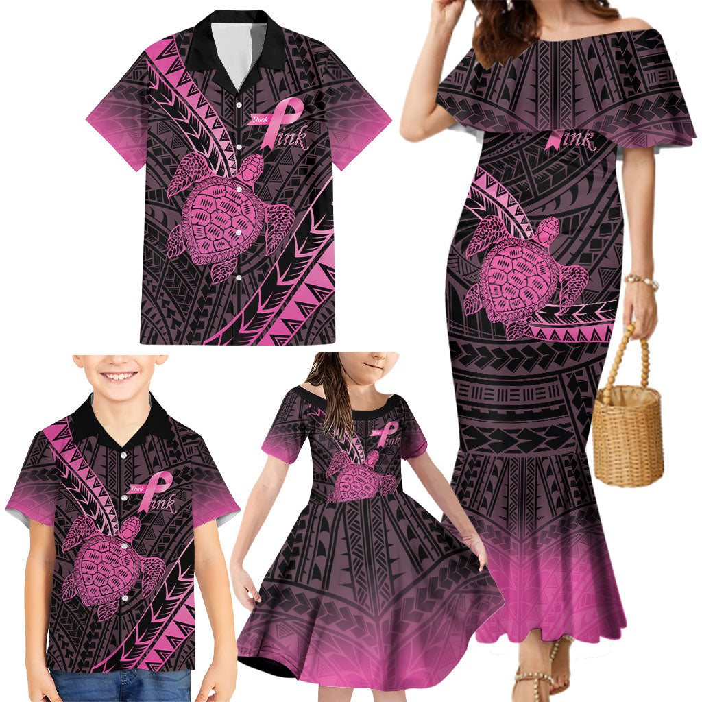 Breast Cancer Awareness Personalised Family Matching Mermaid Dress and Hawaiian Shirt Pink Ribbon Turtle Polynesian Pattern Black