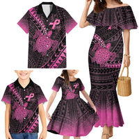 Breast Cancer Awareness Personalised Family Matching Mermaid Dress and Hawaiian Shirt Pink Ribbon Turtle Polynesian Pattern Black
