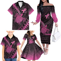 Breast Cancer Awareness Personalised Family Matching Off The Shoulder Long Sleeve Dress and Hawaiian Shirt Pink Ribbon Turtle Polynesian Pattern Black