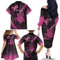 Breast Cancer Awareness Personalised Family Matching Off The Shoulder Long Sleeve Dress and Hawaiian Shirt Pink Ribbon Turtle Polynesian Pattern Black