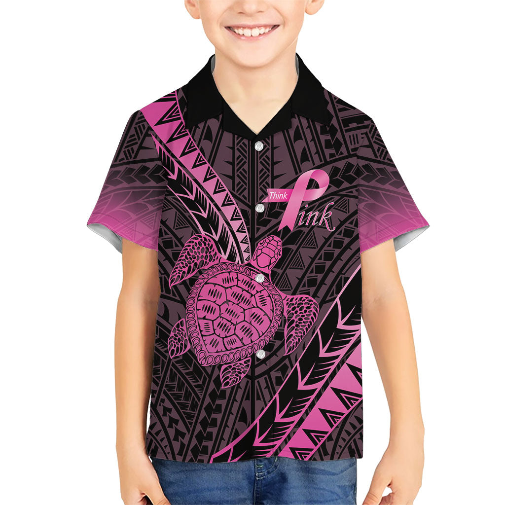 Breast Cancer Awareness Personalised Family Matching Off Shoulder Maxi Dress and Hawaiian Shirt Pink Ribbon Turtle Polynesian Pattern Black