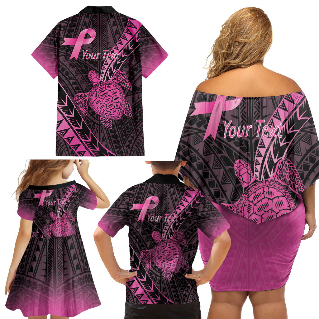 Breast Cancer Awareness Personalised Family Matching Off Shoulder Short Dress and Hawaiian Shirt Pink Ribbon Turtle Polynesian Pattern Black