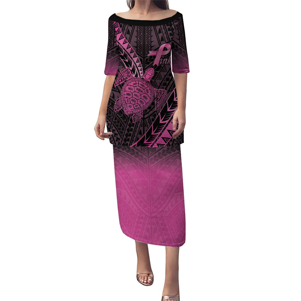 Breast Cancer Awareness Personalised Family Matching Puletasi and Hawaiian Shirt Pink Ribbon Turtle Polynesian Pattern Black