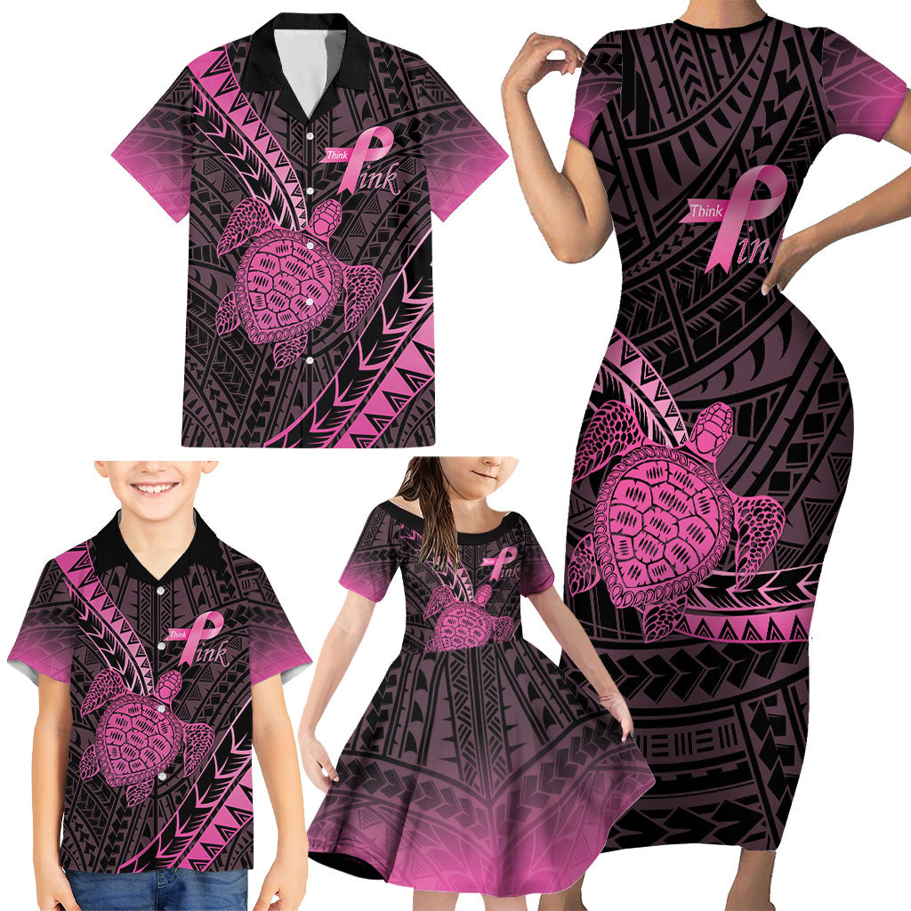 Breast Cancer Awareness Personalised Family Matching Short Sleeve Bodycon Dress and Hawaiian Shirt Pink Ribbon Turtle Polynesian Pattern Black