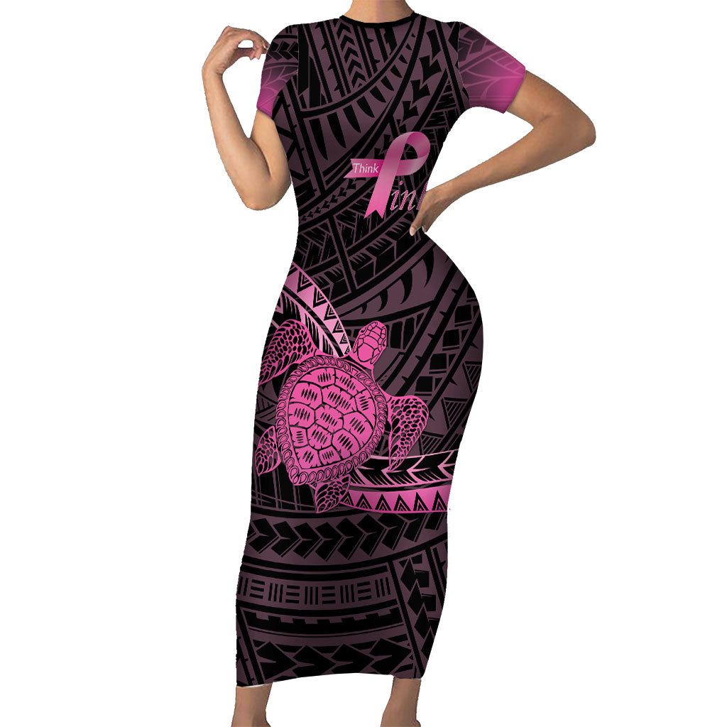 Breast Cancer Awareness Personalised Family Matching Short Sleeve Bodycon Dress and Hawaiian Shirt Pink Ribbon Turtle Polynesian Pattern Black