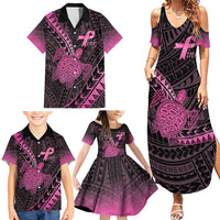 Breast Cancer Awareness Personalised Family Matching Summer Maxi Dress and Hawaiian Shirt Pink Ribbon Turtle Polynesian Pattern Black
