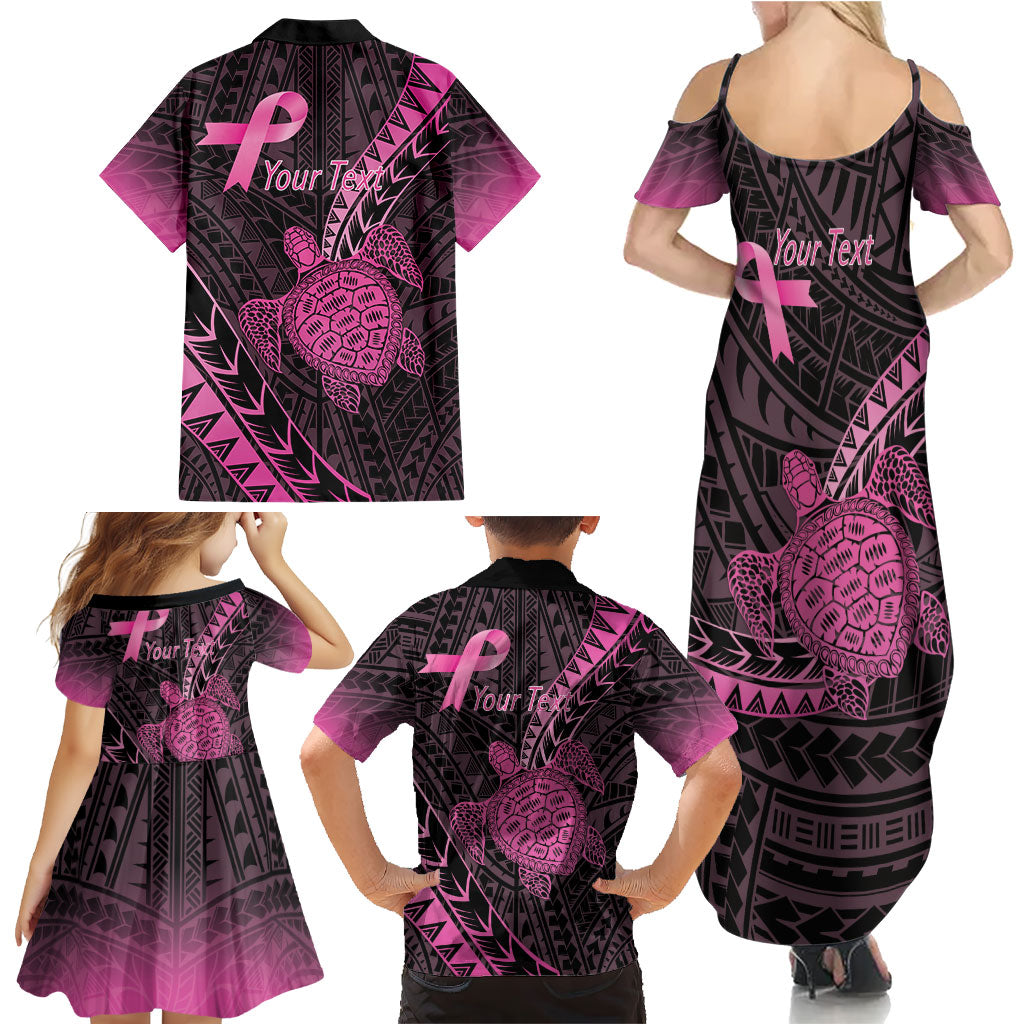 Breast Cancer Awareness Personalised Family Matching Summer Maxi Dress and Hawaiian Shirt Pink Ribbon Turtle Polynesian Pattern Black