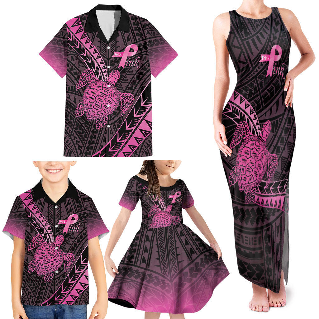 Breast Cancer Awareness Personalised Family Matching Tank Maxi Dress and Hawaiian Shirt Pink Ribbon Turtle Polynesian Pattern Black