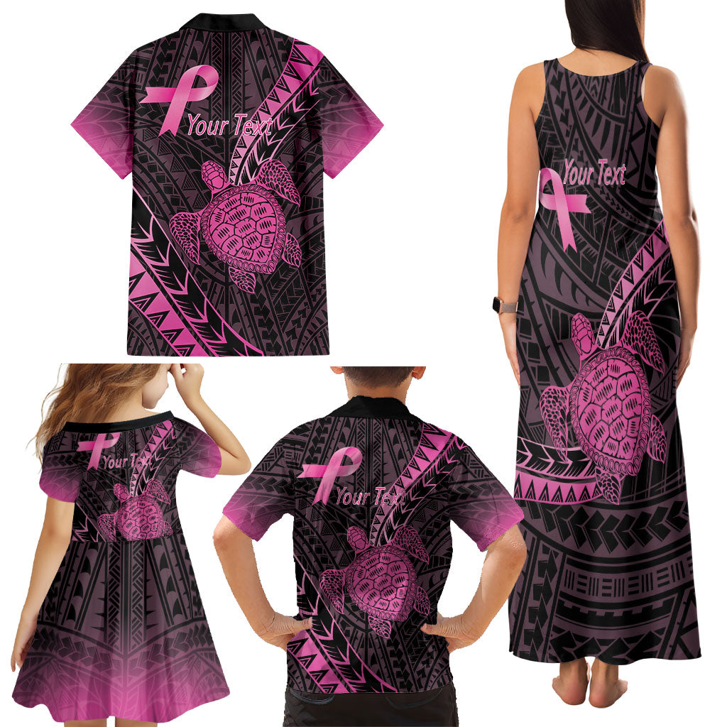 Breast Cancer Awareness Personalised Family Matching Tank Maxi Dress and Hawaiian Shirt Pink Ribbon Turtle Polynesian Pattern Black