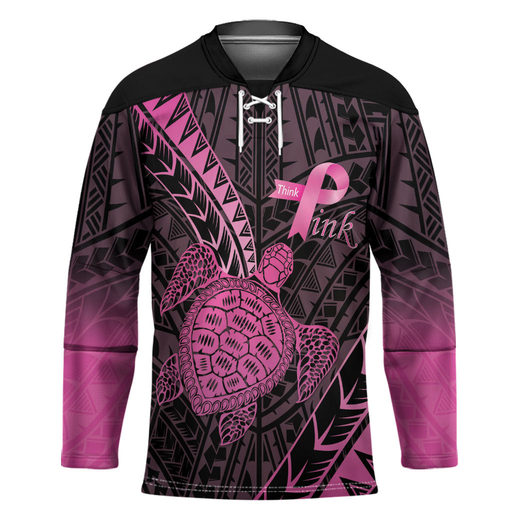 Breast Cancer Awareness Personalised Hockey Jersey Pink Ribbon Turtle Polynesian Pattern Black