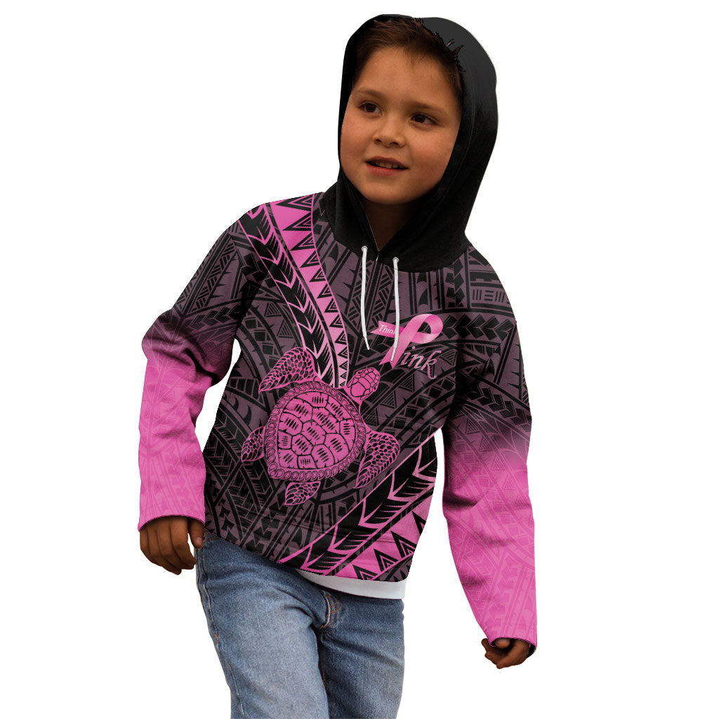 Breast Cancer Awareness Personalised Kid Hoodie Pink Ribbon Turtle Polynesian Pattern Black LT22 - Polynesian Pride