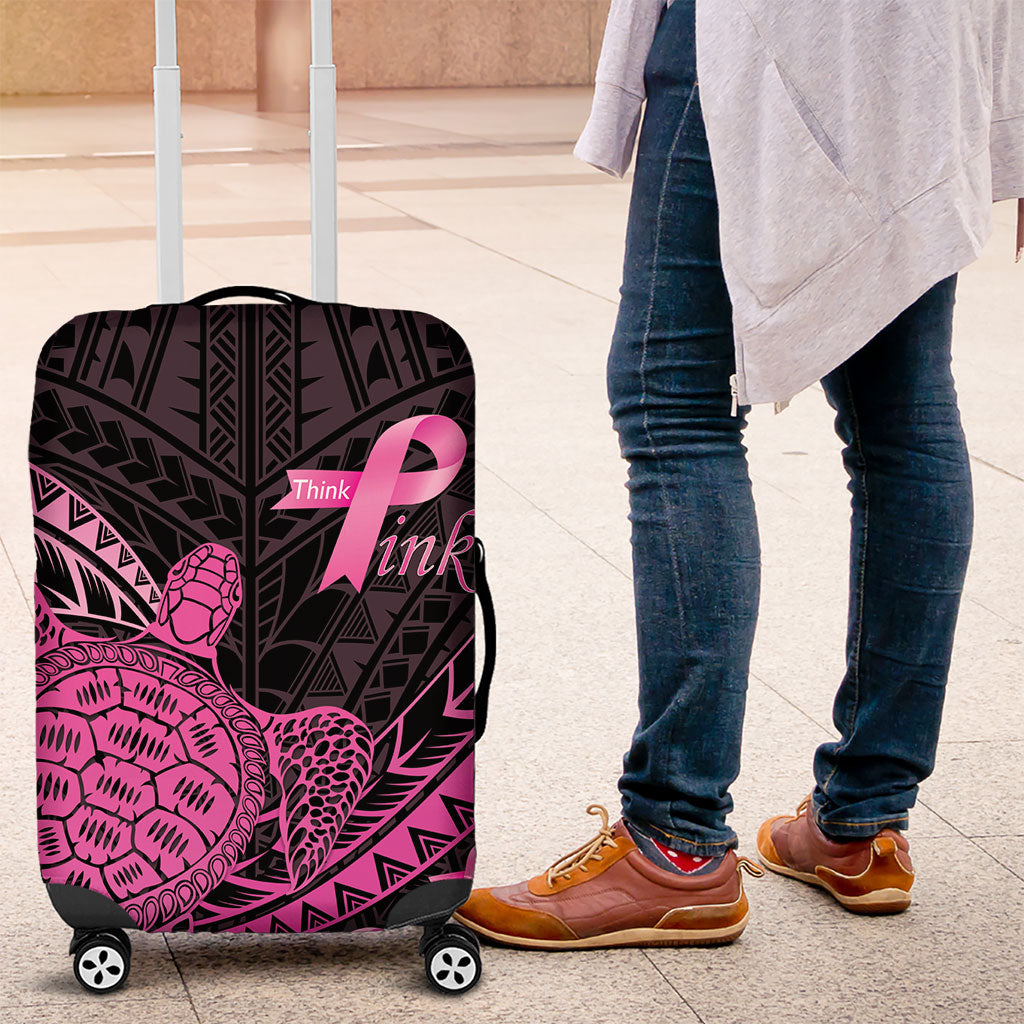 Breast Cancer Awareness Luggage Cover Pink Ribbon Turtle Polynesian Pattern Black