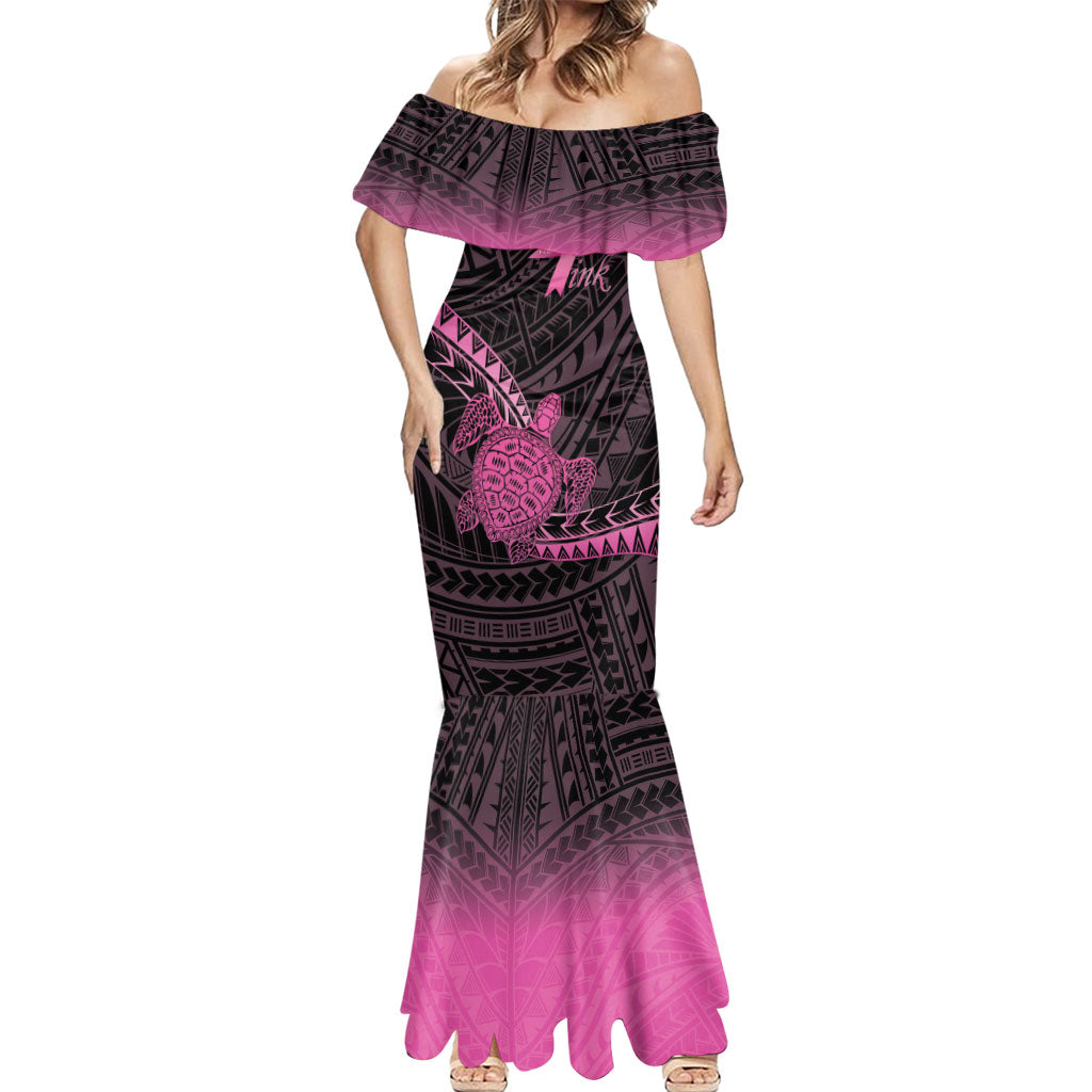 Breast Cancer Awareness Personalised Mermaid Dress Pink Ribbon Turtle Polynesian Pattern Black